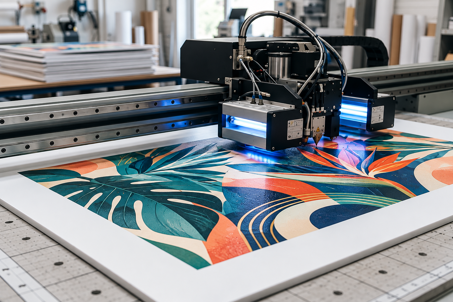 AI illustration of a flatbed UV printer printing a colourful design on a rigid white board