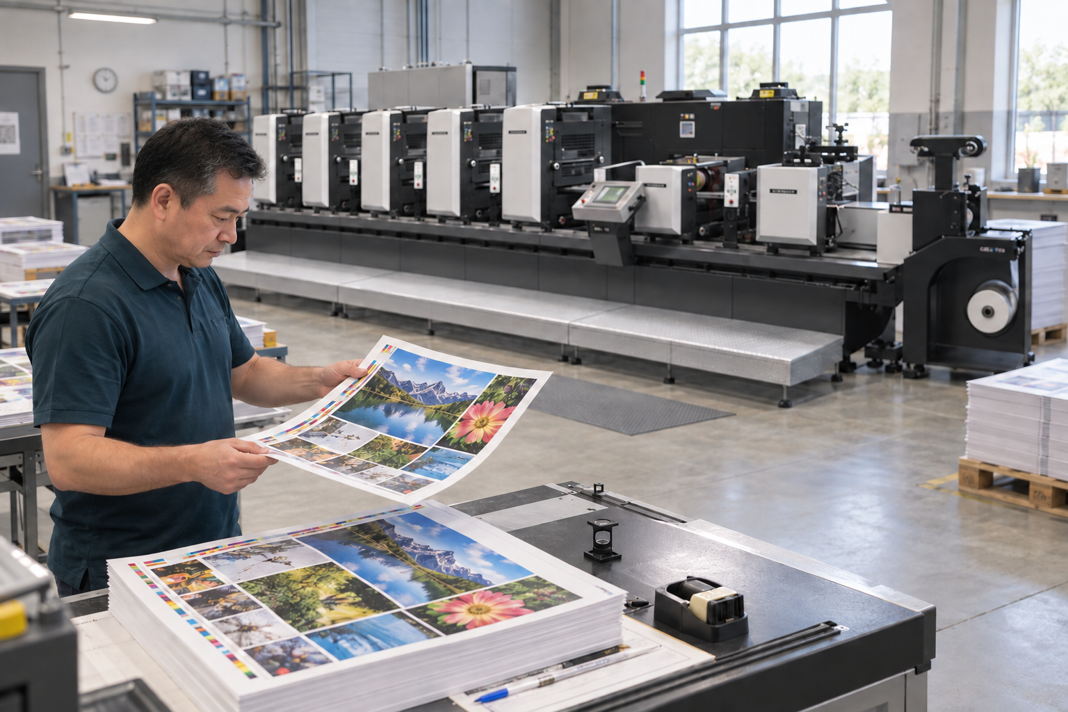 AI illustration of an offset press and operator checking a printed sheet