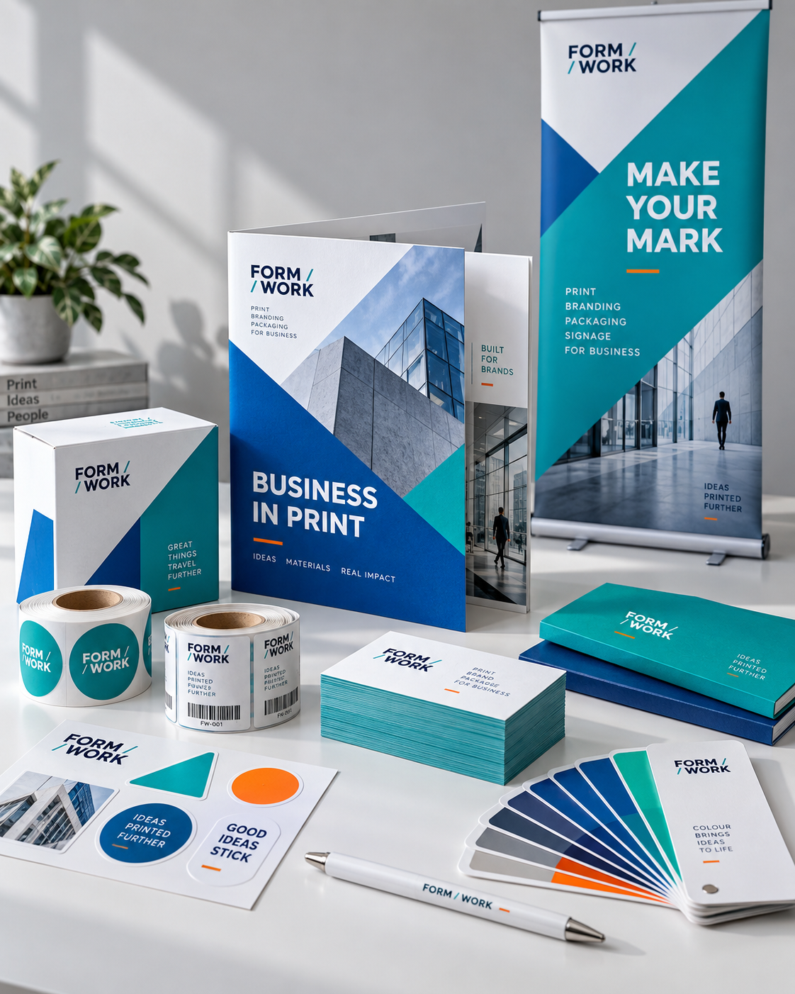 Illustrative coordinated business print collection with brochures, packaging, labels, business cards and a display banner